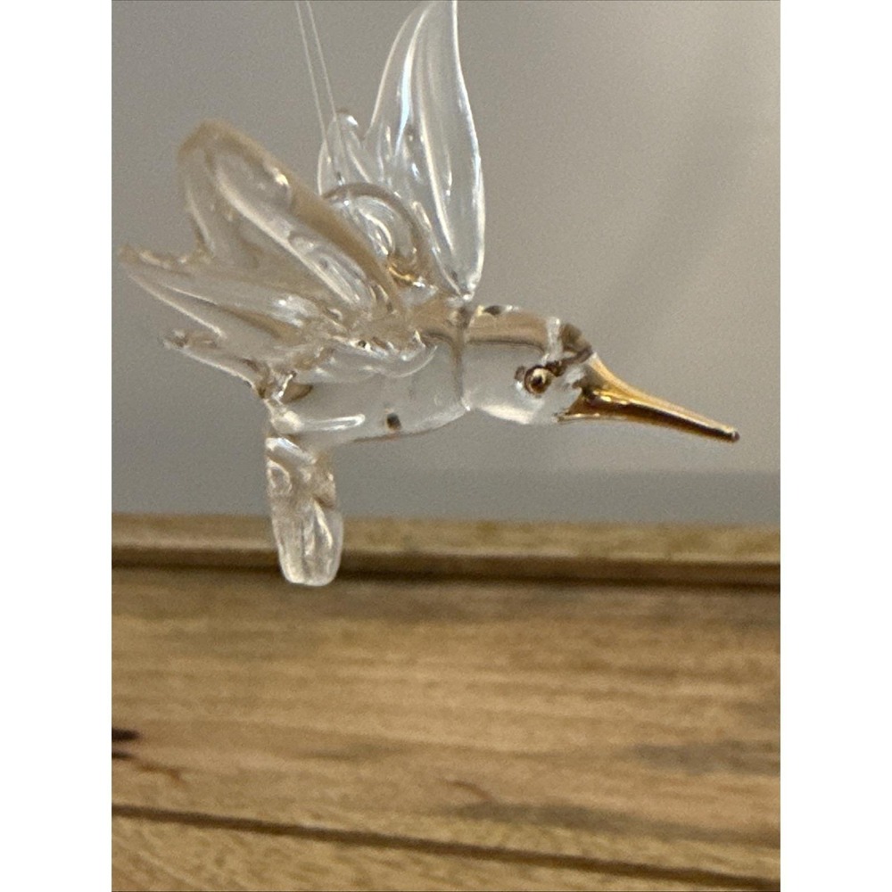 Vintage Hand Blown Glass Clear HUMMINGBIRD Ornament Gold Accents
